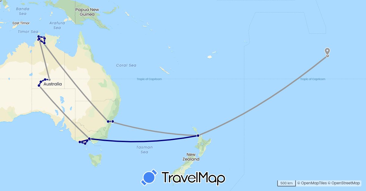 TravelMap itinerary: driving, plane in Australia, New Zealand, French Polynesia (Oceania)